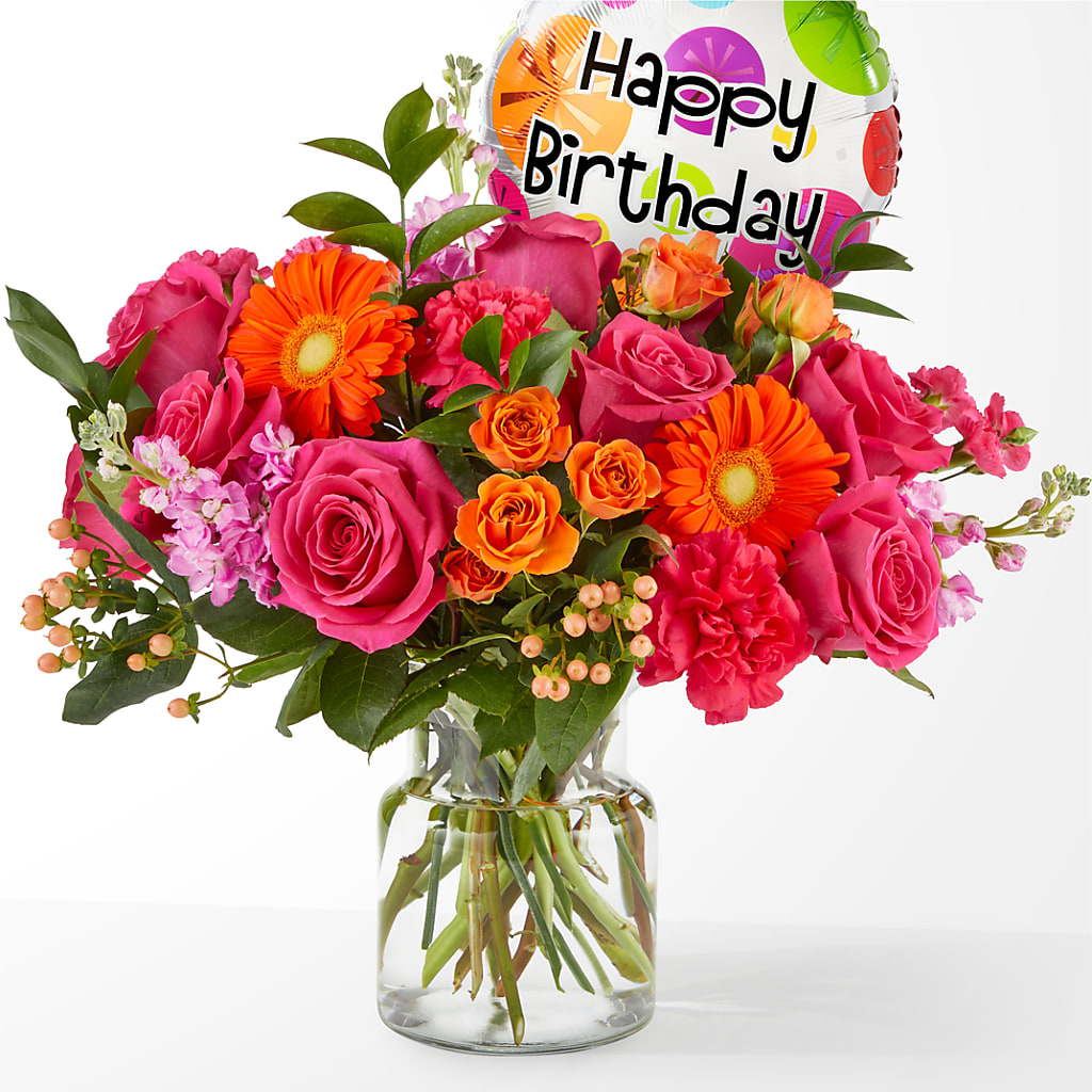 Fiesta Bouquet with Birthday Balloon – FLOWERS & GIFTS BY ROBERTS, Pinetops NC