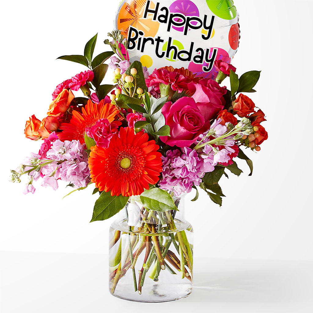 Fiesta Bouquet with Birthday Balloon – FLOWERS & GIFTS BY ROBERTS, Pinetops NC