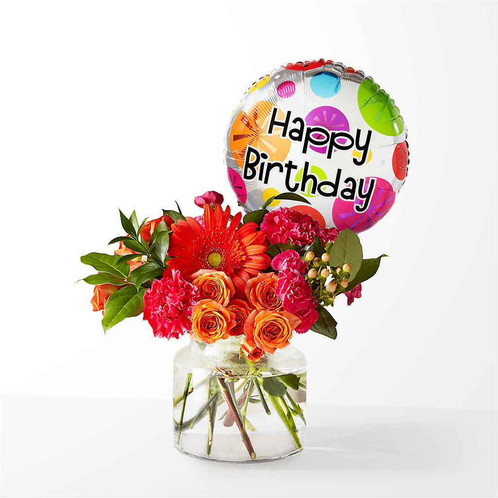 Fiesta Bouquet with Birthday Balloon – FLOWERS & GIFTS BY ROBERTS, Pinetops NC