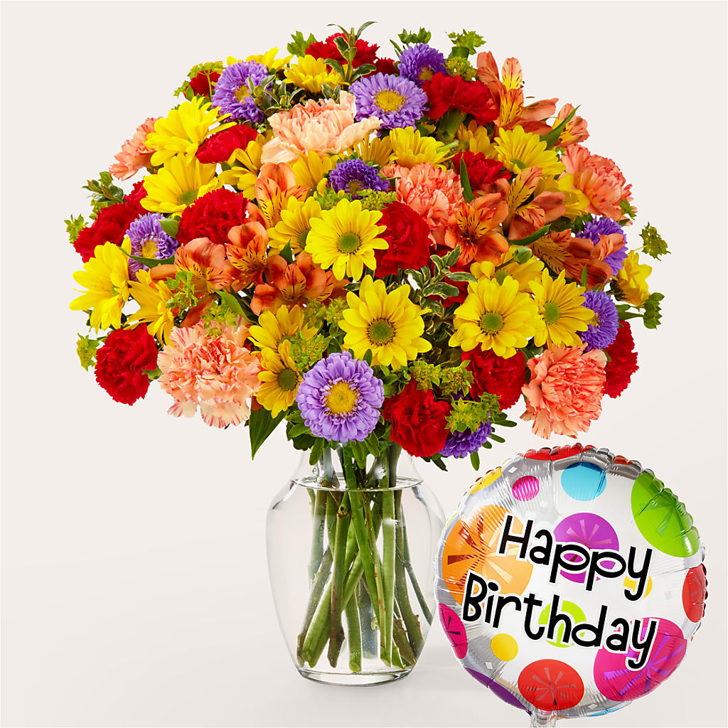 Kaleidoscope Bouquet with Birthday Balloon – FLOWERS & GIFTS BY ROBERTS, Pinetops NC