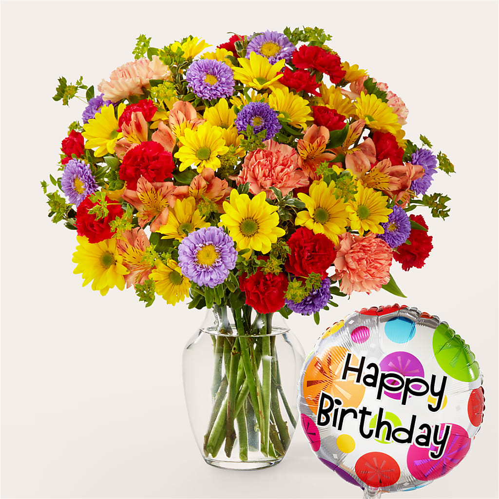 Kaleidoscope Bouquet with Birthday Balloon – FLOWERS & GIFTS BY ROBERTS, Pinetops NC