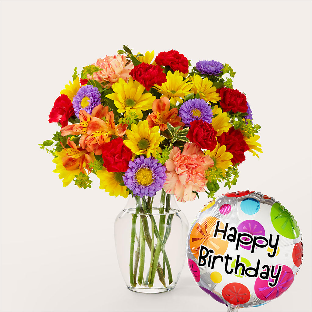Kaleidoscope Bouquet with Birthday Balloon – FLOWERS & GIFTS BY ROBERTS, Pinetops NC